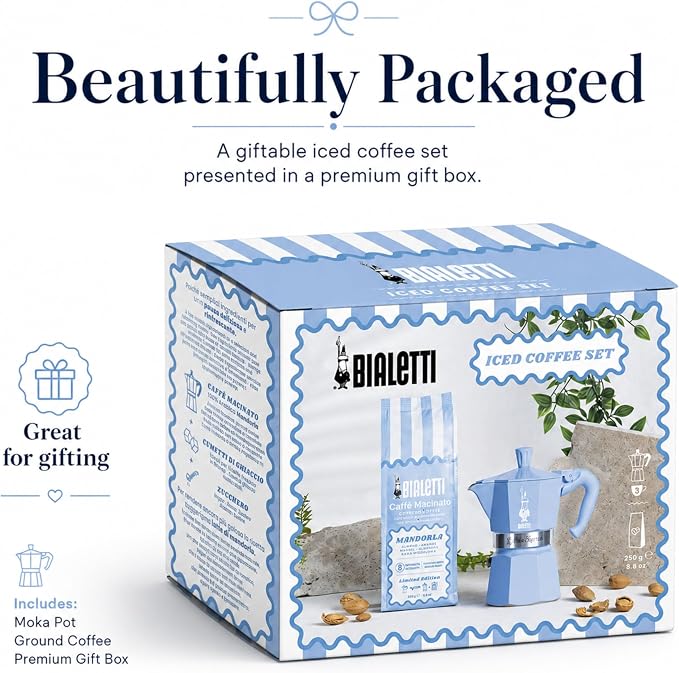Bialetti Moka Express 3 Cup Light Blue & Almond Ground Coffee Gift Set – Stovetop Espresso Maker with 250g Caffe Macinato Mandorla, 80% Arabica 20% Robusta Medium Dark Roast, Made in Italy - Image 4