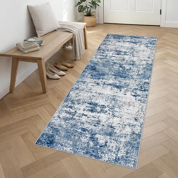 Washable Area Rug 3x10 Entryway Rug: Washable Modern Abstract Soft Thin Rug Indoor Floor No Slip Stain Resistant Carpet for Bedroom Dining Room Farmhouse Nursery Home Office - Blue - Image 3