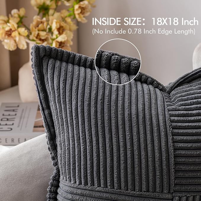 MIULEE Decorative Throw Pillow Covers for Couch Bed Livingroom 18x18 Inch Set of 2 Dark Grey Boho Accent Throw Pllows Broadside Striped Patchwork Soft Corduroy Pillowcases - Image 2