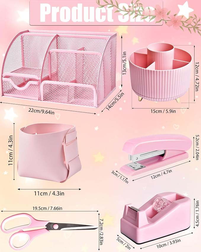 LXEVIHK 21Pcs Pink Desk Organizers and Accessories With Mesh Desk Organizer and 360°Rotating Pen Holder and a Lot of Office Pink Office Supplies Beautifully Presented in a Gift Box - Image 6