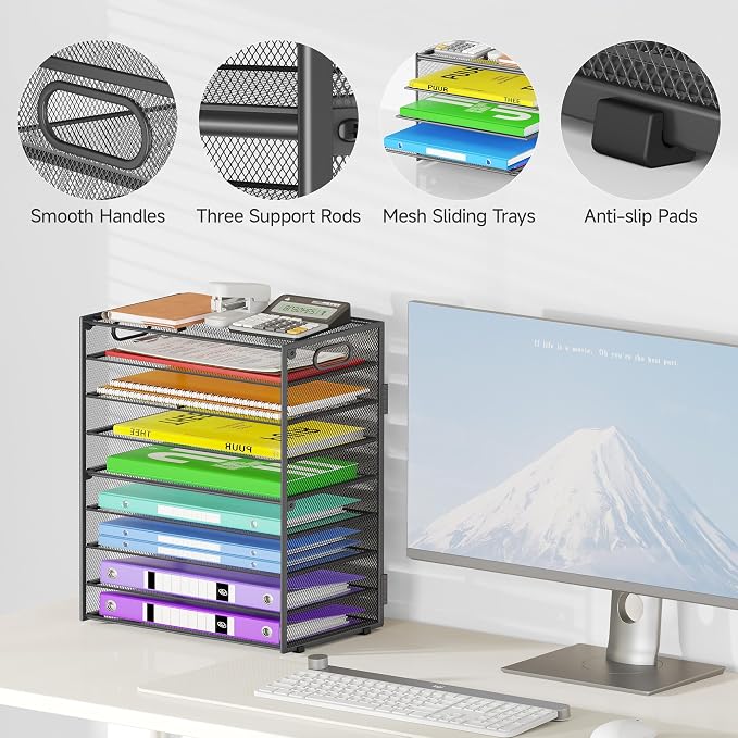 Cawukege 9 Tier Paper Organizer with Handle, Large Capacity Desk Organizer Mesh File Folder Letter Paper Tray Desktop Document Sorter for Classroom, School, and Office Accessories Organization - Grey - Image 4