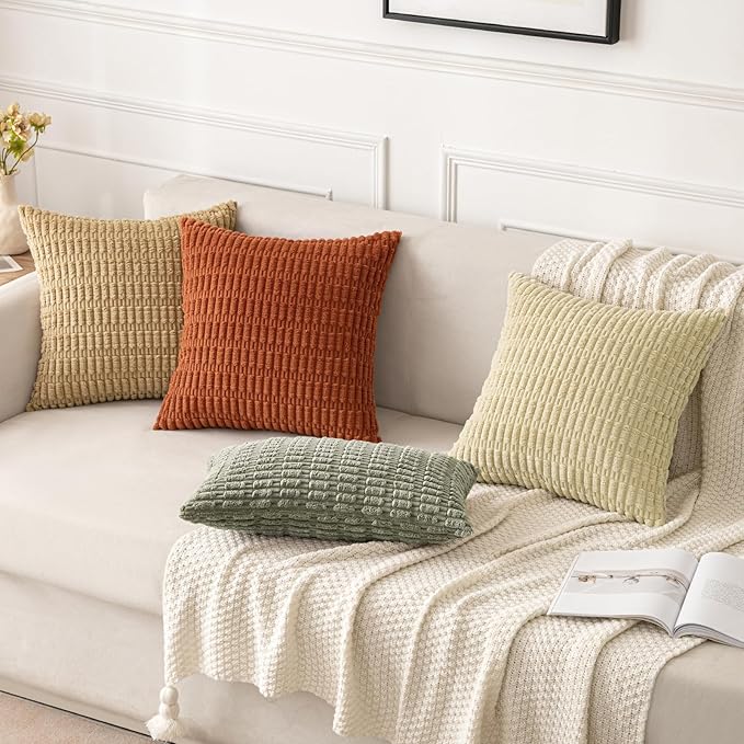 MIULEE Pack of 2 Corduroy Decorative Throw Pillow Covers 20x20 Inch Soft Boho Striped Pillow Covers Modern Farmhouse Home Decor for Summer Sofa Living Room Couch Bed Light Olive Green - Image 7