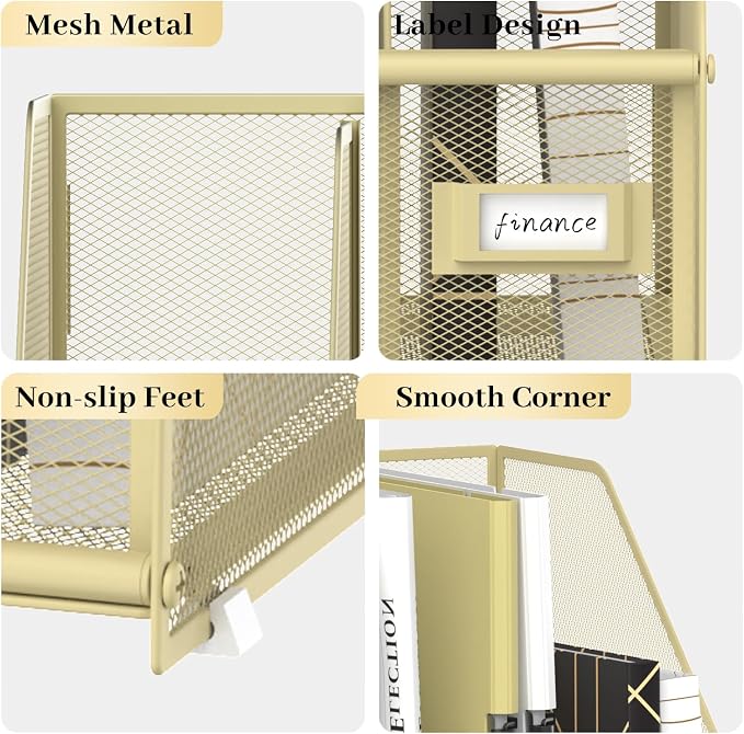 SUPEASY Desk Organizers Metal Desk Magazine File Holder with 5 Vertical Compartments Rack File Organizer for Office Desktop, Classroom, Home Workspace, Golden Yellow, Plus - Image 4