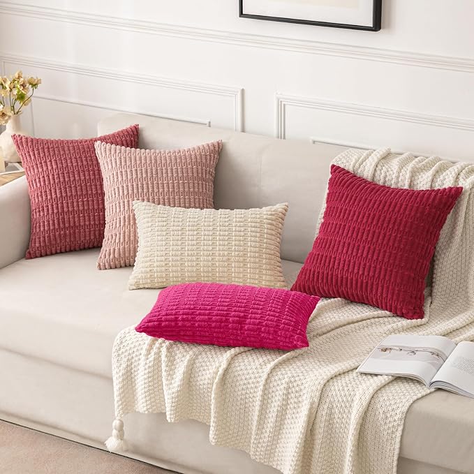 MIULEE Pack of 2 Corduroy Decorative Throw Pillow Covers 18x18 Inch Soft Boho Striped Pillow Covers Modern Farmhouse Home Decor for Sofa Living Room Couch Bed Hot Pink - Image 4