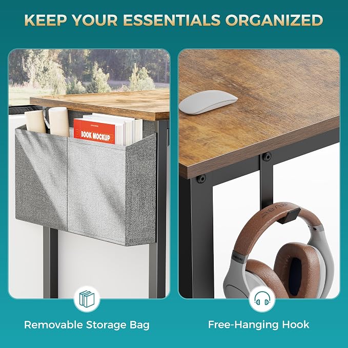 OLIXIS 47 Inch Computer Office Desk for Small Spaces, Writing Gaming Work Desk Modern Study Table with Storage Bag & Headphone Hook Home Bedroom, Rustic Brown | Computer Gaming Writing Workstation, Small Spaces for Home Bedroom, Rustic Brown - Image 6