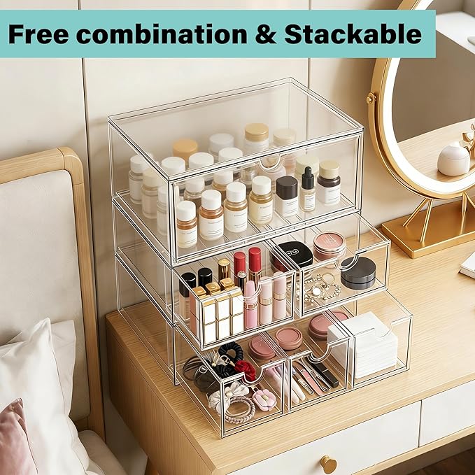 Prsildan Acrylic Makeup Organizer, 3 Pack Stackable Clear Storage Drawers for Baby Bottles Desk Organizers with 3 Drawers for Countertop Vanity Nursery Modular System for Cosmetics Jewelry - Image 5