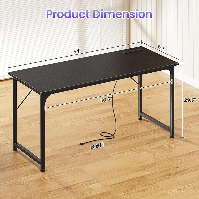 PRAISUN 55 X 20 Inch Computer Desk, Power Outlets, USB-C, Black | Office Desk with 4 AC Outlets, USB & USB-C, Sturdy Metal Frame, Spacious Desktop for Work, Writing, Study & Gaming - Image 3
