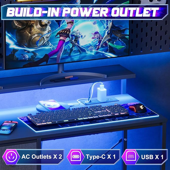 X-cosrack 33.5" Small Gaming Desk with LED Lights & Long Monitor Stand, Compact Computer Desk with Power Outlets & CPU Stand, Gamer Table with Storage Drawer for Home Office, Bedroom Corner, Black - Image 6