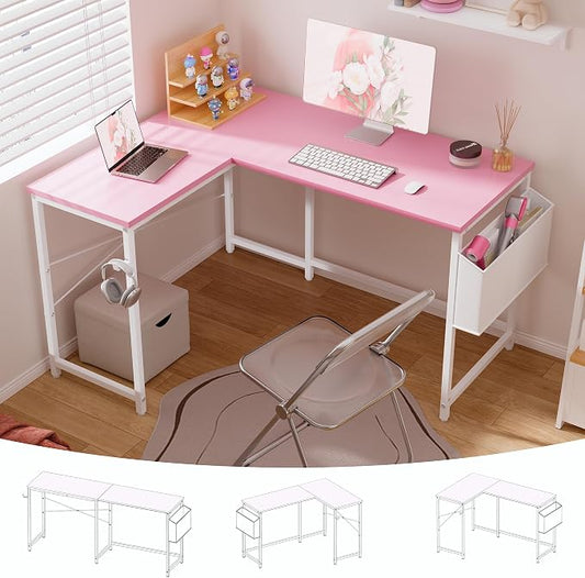 Pamray 47 Inch Reversible L Shaped Gaming Desk Corner Computer Desk with Storage Bag Home Office Table for Writing Study Pink by PAMRAY