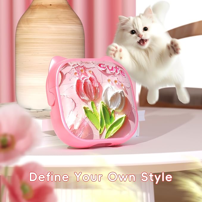 for AirPods 4 Case with Cleaning Kit, Cute Cat Ear Print Design & Cute Buckle, Inverted Phone Holder Design, Top Safe Lock Buckle Design, for Girls AirPods 4 case 2024, Tulip - Image 2