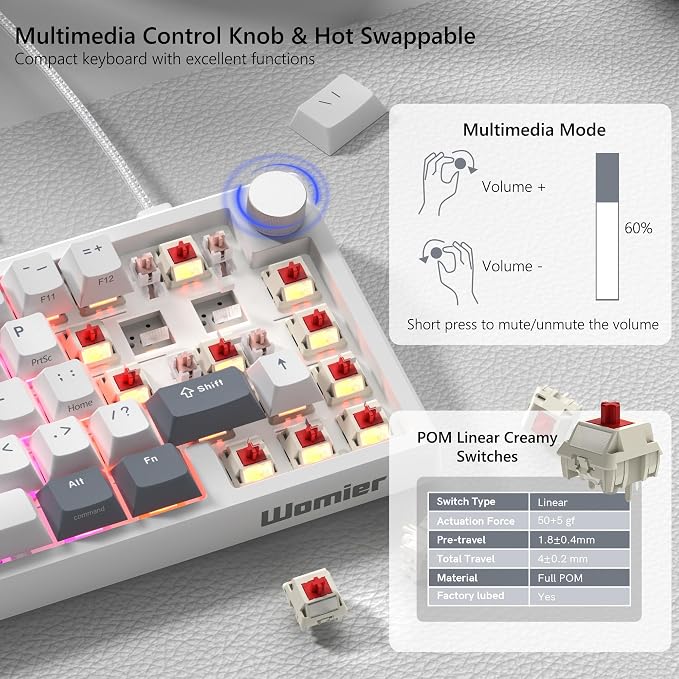 Womier 60% Gaming Keyboard Wired, Creamy Mechanical Keyboard QMK/VIA | Hot Swappable Gasket Mount RGB Key board & Translucent Keycaps POM Linear Switch for Windows/MAC (VK66 PRO White) - Image 3