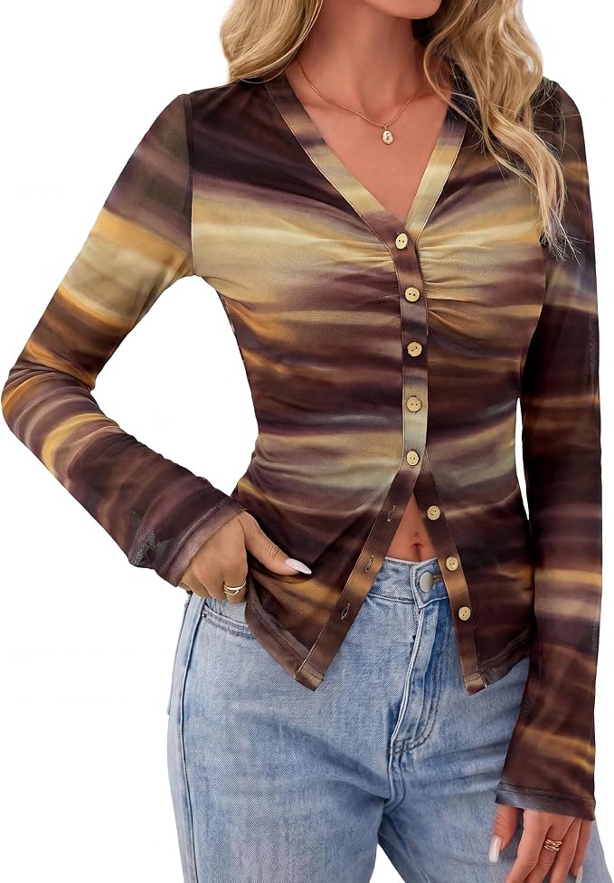 BTFBM Button Down Shirts for Women 2026 Fall Boho Tops V Neck Long Sleeve Blouses Ruched Mesh Fitted Fashion Clothing - Image 6
