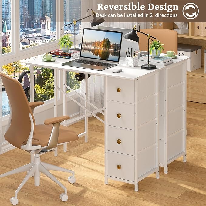 Small White Desk with Drawers for Bedroom, 35.4 Inch Kids Girls Teens Student Writing Desk with Storage, Reversible Study Table, White Computer Desk for Home Office, Makeup Vanity Desk for Small Space - Image 3