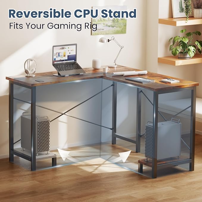 DUMOS 50-Inch Reversible L Shaped Desk with CPU Shelf, Brown | Computer Desk with Sturdy Metal Frame, Corner Gaming Desk, Home Office Desk for Study, Writing and Work, Sturdy Modern Design - Image 7