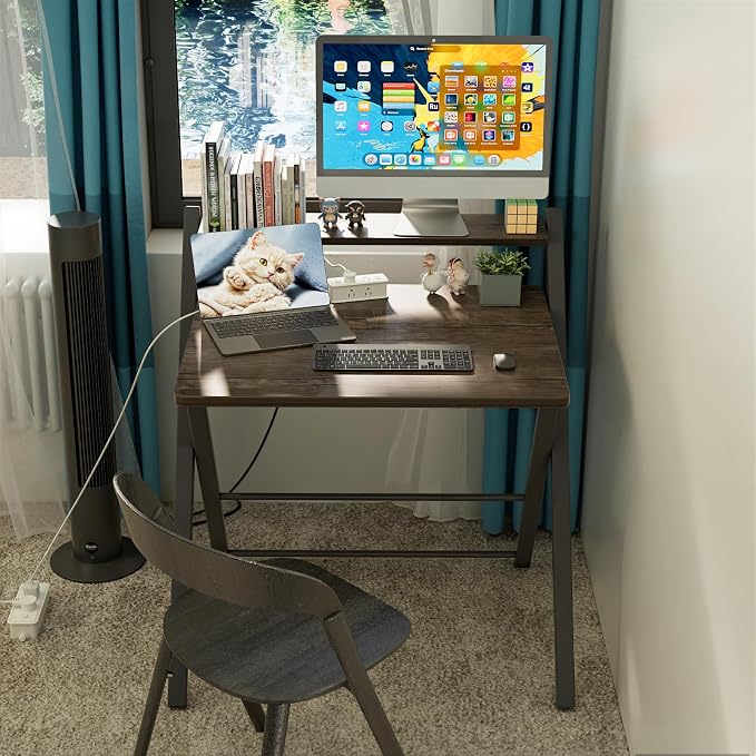 GreenForest Folding Desk No Assembly, Sturdy Computer Desk for Small Spaces | Portable Foldable Table for Laptop, 2-Tier Compact with Shelf, Space Saving for Home Office, Dorm, Apartment, 27"x 22" Brown - Image 2