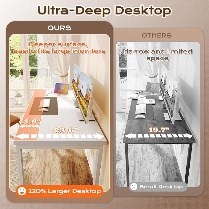 Huuger 48 x 24 inch Desk with Power Outlets & USB-C, Deeper & Thicker Desktop, Robust Metal Tubes, Computer Desk, Heavy Duty Office Desk, Work Gaming Desk for Home Office, White - Image 5