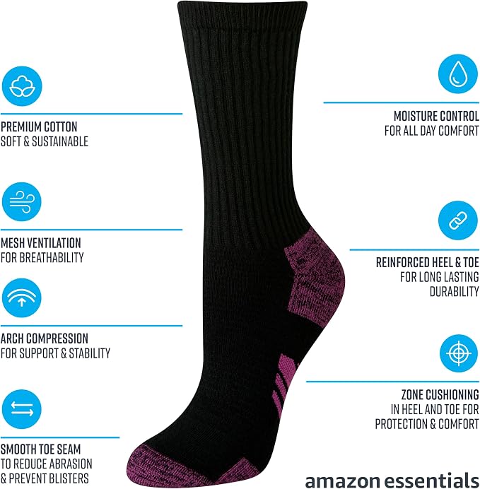 Amazon Essentials womens Performance Cushioned Breathable Cotton Athletic Crew Sports Socks - Image 2