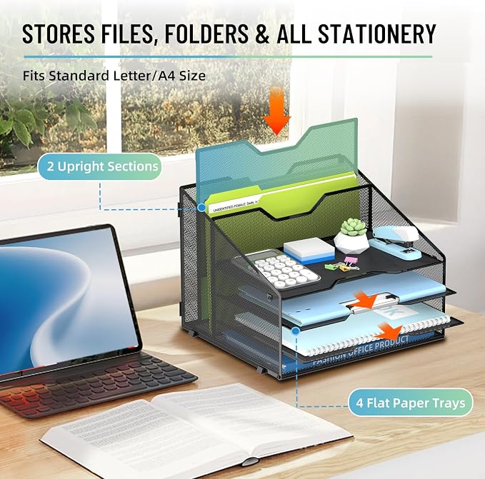 Desk File Organizer with 4 Letter Trays and 2 Vertical File Holders, Black | Metal Mesh Paper Letter Tray Organizer for Documents Folders Mail, Desk Organizers and Accessories for Home Office - Image 2