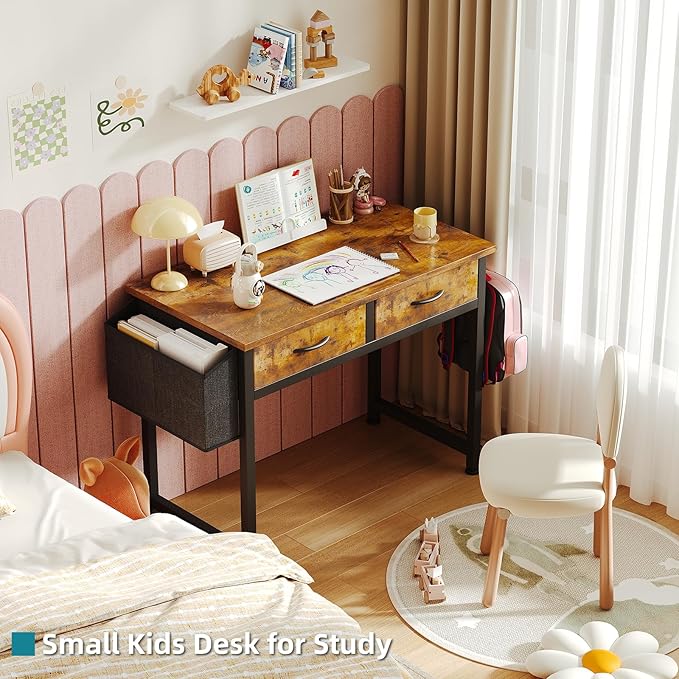 CAIYUN Computer Office Desk for Small Space with Fabric Drawers, Home Office Desk for Bedroom with Side Pocket and Hook, 31 Inch Brown Kid’s Desk, Writing Desk, Study Table and Work Desk - Image 8
