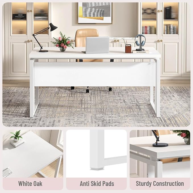 EXCEFUR White Computer Desk, Simple Wood and Metal Home Office Desk, Modern Study Writing Table Workstations for Living Room Bedroom, 53 Inch - Image 5