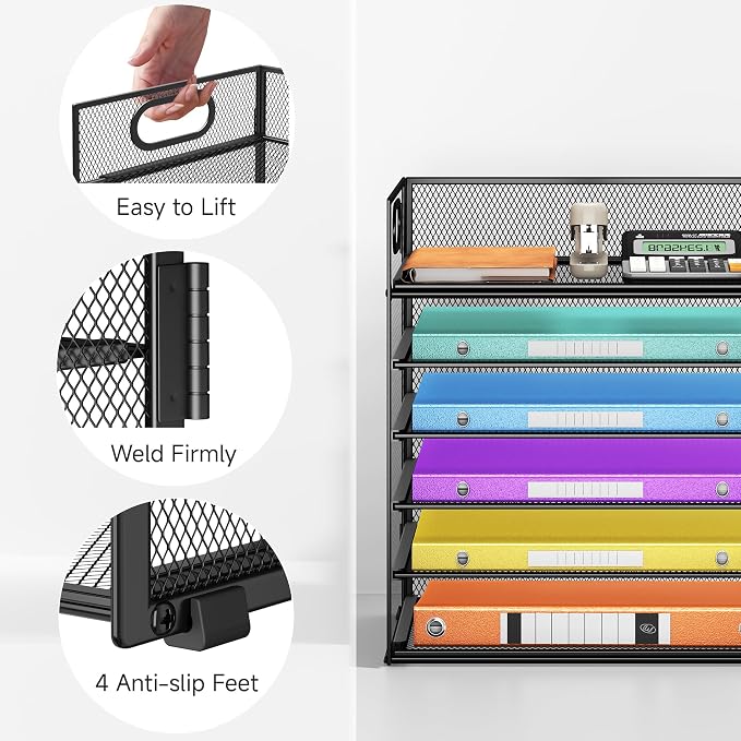 6 Tray Paper Organizer Letter Tray with Handle - Mesh Desk File Organizer, Paper Sorter Organizer for Office, Home or School File Folder Holder -Black - Image 3