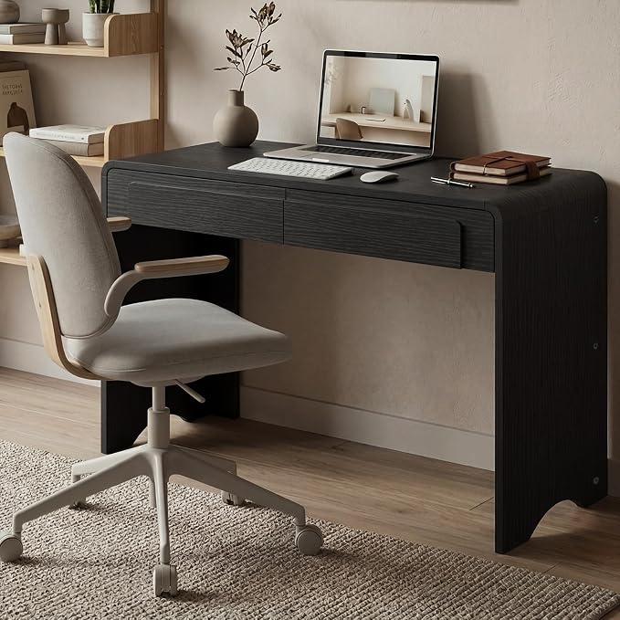 Bestier Computer Desk with 2 Drawers, 47 Inch Wood Home Office Desk, Writing Table with Curved Handles & Waterfall Rounded Edges, Cute Modern Desks for Bedroom Study Living Room, Black by Bestier