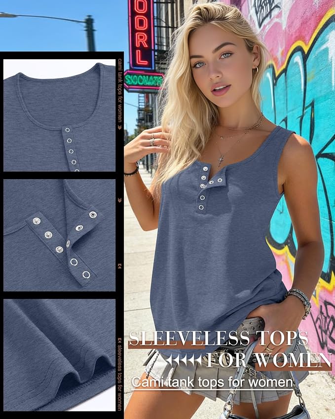 Ficerd 3 Pack Women's Henley Tank Tops Sleeveless Button Down Summer Shirts 2026 Casual Trendy Loose U Neck Tee Blouses - Image 4