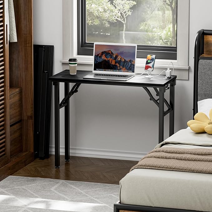TEMI Small Computer Desk Folding Table - No Assembly, Compact 35.8" Foldable Desk with Power Outlets & USB Charging Port, Portable Small Office Desk, Ideal Mini Study Table, Dark Oak - Image 2