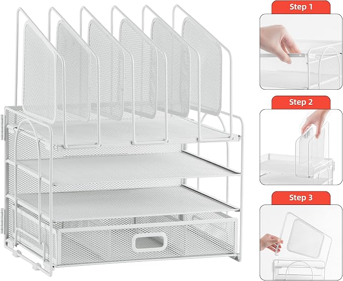 Marbrasse Desk Organizers, 4-Tier Mesh Desk File Organizer with 5 Vertical File Holders and 2 Pen Holders, Multifunction Desktop Organizer,Desk Organizers and Accessories for Home Office (White) - Image 7