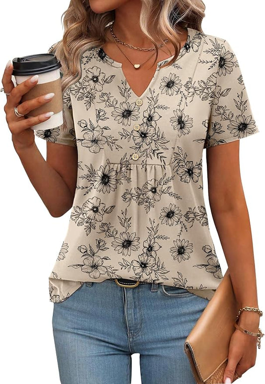 Zeagoo Womens Short Sleeve Tops Summer Henley V-Neck Tshirts Casual Pleated Blouse Dressy Loose Floral Basic Tee by Zeagoo