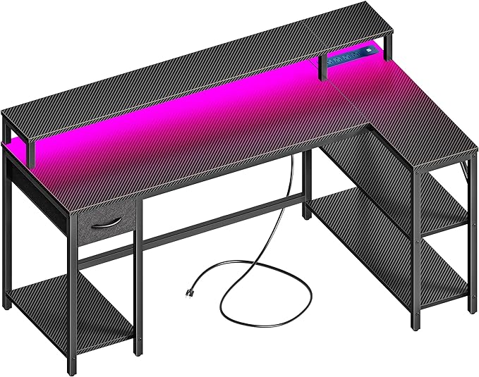 SUPERJARE 53 inch Reversible L Shaped Desk with LED Lights & Power Outlets, Computer Desk with Shelves & Monitor Stand, Gaming Desk with Drawer, Home Office Desk, Carbon Fiber Black by SUPERJARE