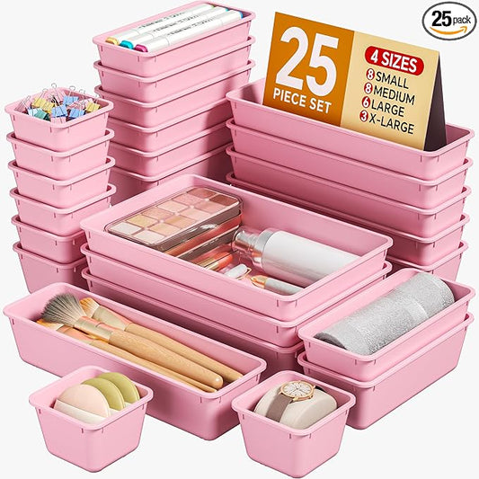 KEMETHY 25 PCS Plastic Drawer Organizers Set, 4 Sizes Vanity Organizer | Makeup and Desk Drawer Organizer Trays, Organization and Storage for Makeup, Bathroom, Kitchen Utensils and Office (Pink) by KEMETHYFocusesonCreatingEfficientStorageProductswithQualityMaterials