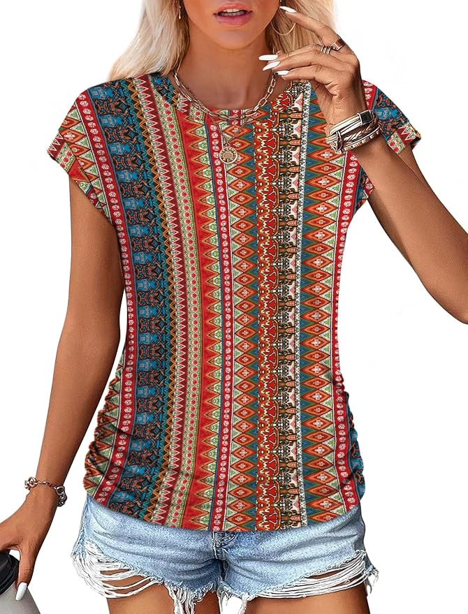 Sampeel Womens Summer Tops Trendy 2026 Ruched Cap Short Sleeve Tshirts Shirts Crew Neck T Shirts Fashion - Image 2