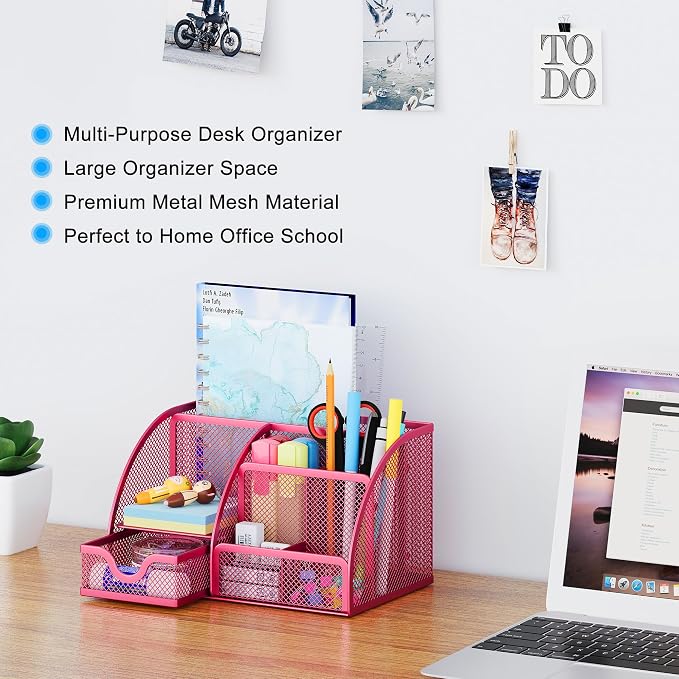 EasyPAG Mesh Desk Organizer with Drawer Multi-functional Pen Holder Stationery Organizer for Office School Supplies 6 Compartments Dorm Organizers and Storage for Desk, Hot Pink - Image 2