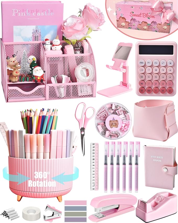 LXEVIHK 21Pcs Pink Desk Organizers and Accessories With Mesh Desk Organizer and 360°Rotating Pen Holder and a Lot of Office Pink Office Supplies Beautifully Presented in a Gift Box by StyleYourDeskinOneColor