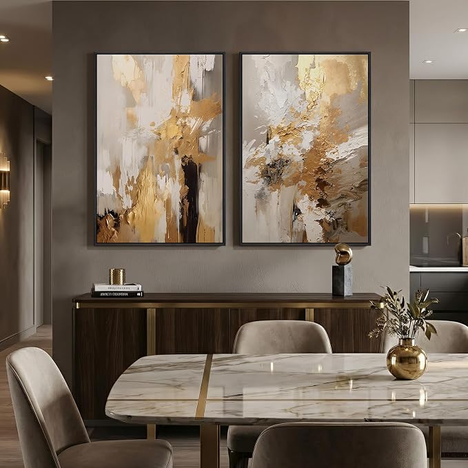 Large Framed Neutral Abstract Wall Art, 2 Piece Modern Canvas Prints Paintings, Beige Gold Abstract Pictures for Living Room Hallway Dining Room Bedroom Office Wall Decor 24x36 In - Image 5