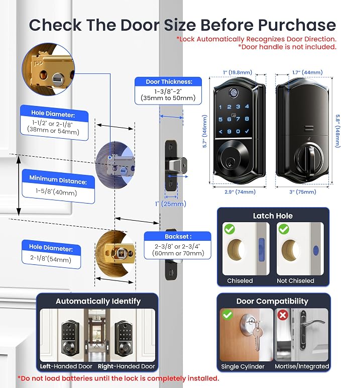 Veise VE017 Fingerprint Smart Door Lock, App Control, 8-in-1 Keyless Entry, Auto Lock, Emergency Power Port, Electronic Touchscreen Keypad, Biometric Smart Locks for Front Door, Matte Black - Image 9