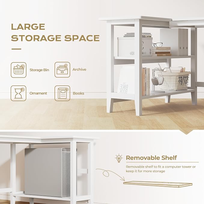 IOTXY Reversible L-Shaped Office Desk - 45" Compact Corner Computer Table with Storage Shelves, Solid Wood Legs, Writing & Study Workstation for Small Spaces, White - Image 5