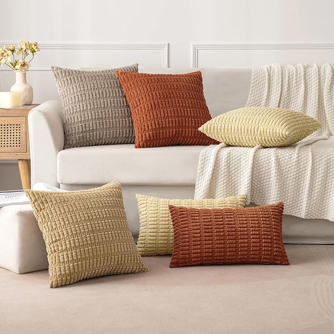 MIULEE Fall Pack of 2 Dark Rust Corduroy Decorative Lumbar Pillow Covers 20x12 Inch Soft Boho Striped Throw Pillow Covers Modern Farmhouse Home Decor for Sofa Living Room Couch Bed - Image 3