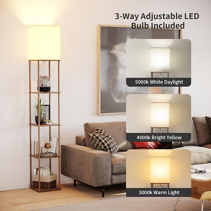 SUNMORY 5 Tier Floor Lamp with Shelves, Modern Square Standing Lamp with 3 Color Temperature Bulb, Corner Display Bookshelf Lamp for Living Room and Bedroom, Tall Shelf Floor Lamp Brown - Image 2