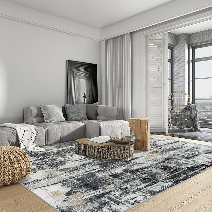 8x10 Area Rugs Washable Rug: Large Modern Abstract Living Room Rug Soft Anti-Skid Thin Carpet Indoor Floor Non-Shedding Carpets for Bedroom Dining Farmhouse Nursery Home Office Black Grey Gold - Image 6