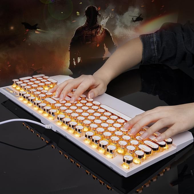 Camiysn Typewriter Style Mechanical Keyboard, Retro Punk Gaming Keyboard with Gold LED Backlit, Cute Wired Keyboards,104 Keys Full Size Keyboards, Uique Round Keycaps for Windows/Mac/PC(White&Gold) - Image 7