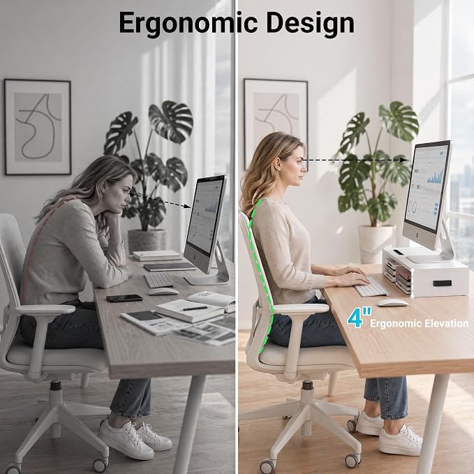 BONTEC Monitor Stand Riser with Cellphone Holder & Cable Management | 16.7 Inch Wood Monitor Riser Stand, Desktop Stand for PC/TV/Laptop/Printer, White - Image 5