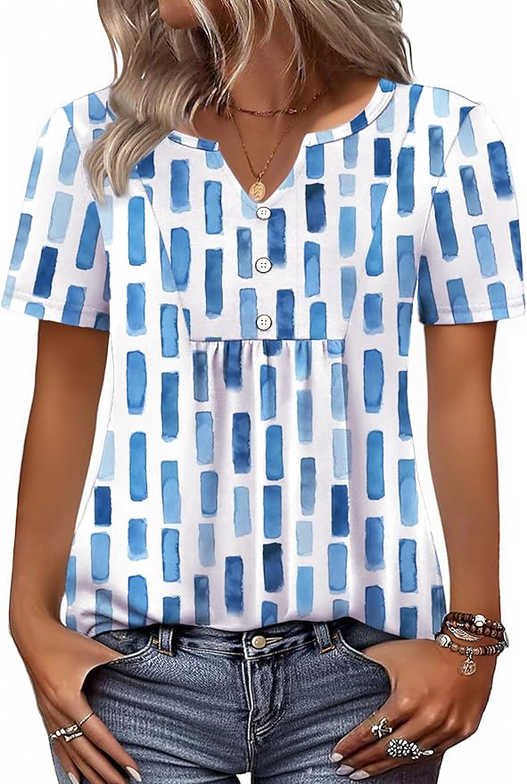 Zeagoo Womens Short Sleeve Tops Summer Henley V-Neck Tshirts Casual Pleated Blouse Dressy Loose Floral Basic Tee by Zeagoo