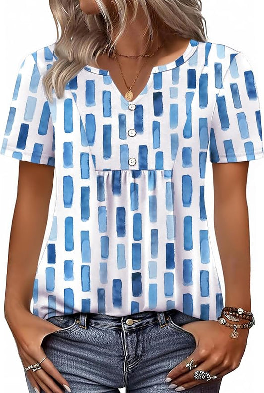 Zeagoo Womens Short Sleeve Tops Summer Henley V-Neck Tshirts Casual Pleated Blouse Dressy Loose Floral Basic Tee by Zeagoo
