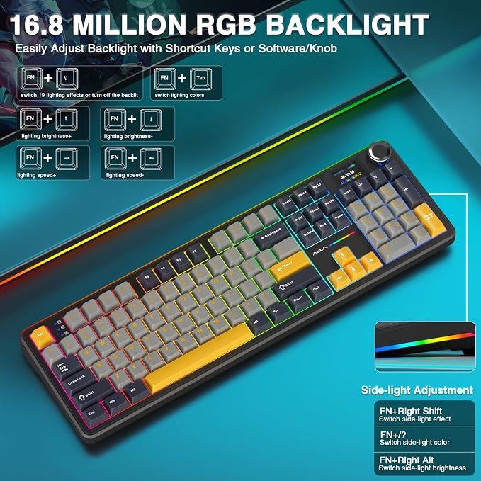 AULA F108 PRO - Wireless Mechanical Keyboard with Screen&Knob,Hot Swappable Gaming Keyboard with 8000mAh Battery,Pre-lubed Switches,RGB Backlit,PBT Keycaps Creamy Sounding Computer Keyboards,104 Keys - Image 7