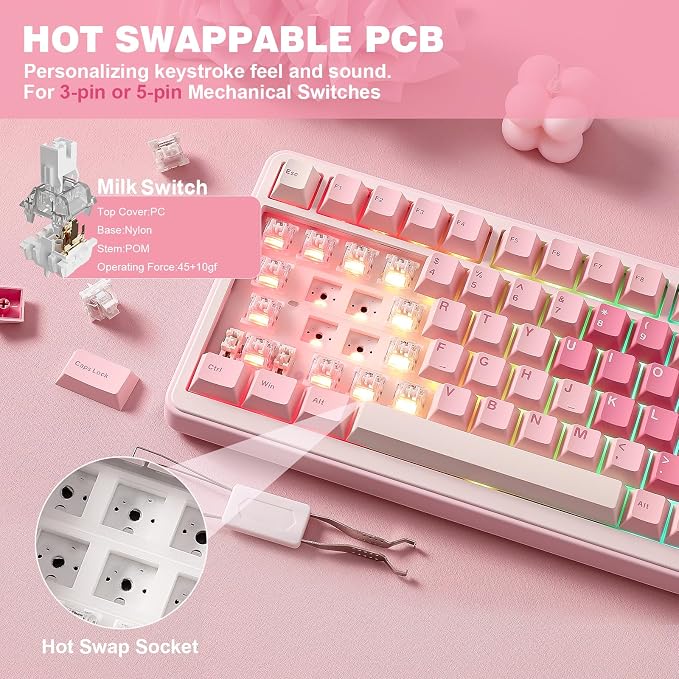 YUNZII B75 PRO 75% Wireless Mechanical Keyboard (Pink,MilkV2) | Hot Swap Keyboard with Knob, Gasket Mount, Creamy Pre-lubed Switch for Smooth Typing, BT/USB-C/2.4G, for Gaming - Image 5