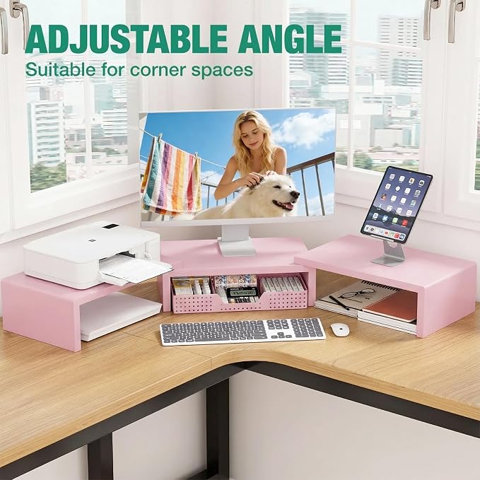 OPNICE Desk Organizers and Accessories, Dual Computer Monitor Stand Riser with Drawer, Office Decor for Women, Office Desk Accessories & Workspace Organizers for Home Office Supplies, Pink - Image 5