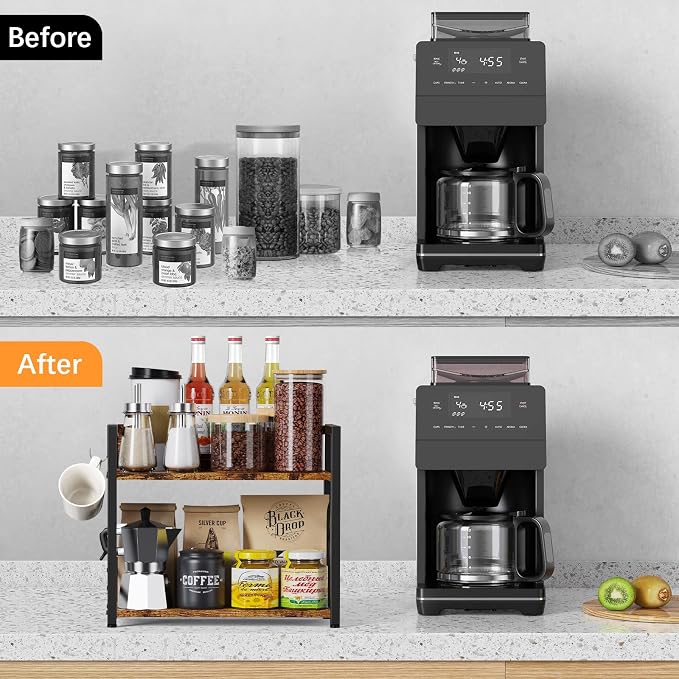 RUILALIFE 2 Tier Kitchen Counter Shelf Organizer, Coffee Bar Station Organizer for Countertop，Space Saving Spice Rack, Desk Shelf Riser, Coffee Bar Accessories(Rustic Brown, Medium) - Image 6