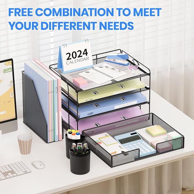OPNICE Desk Organizer, 4-Tier Desktop File Organizer with Drawer and Pen Holders, Office Desk Accessories, File Sorters, Workspace Organizers for Office Supplies(Black) - Image 3
